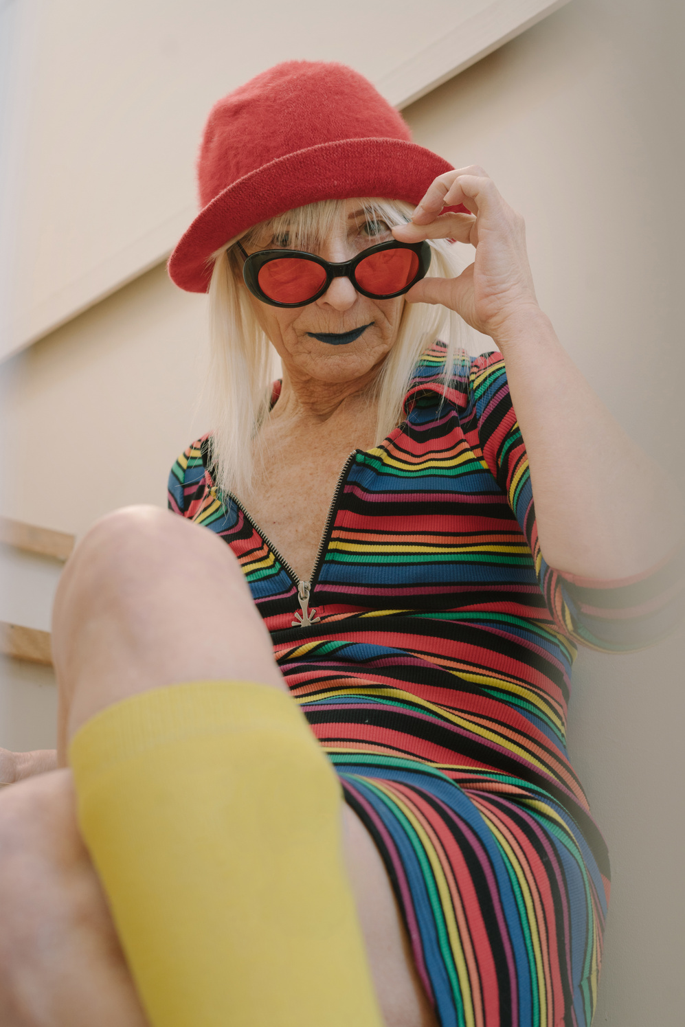 Stylish Elderly Woman in Stiped Dress 